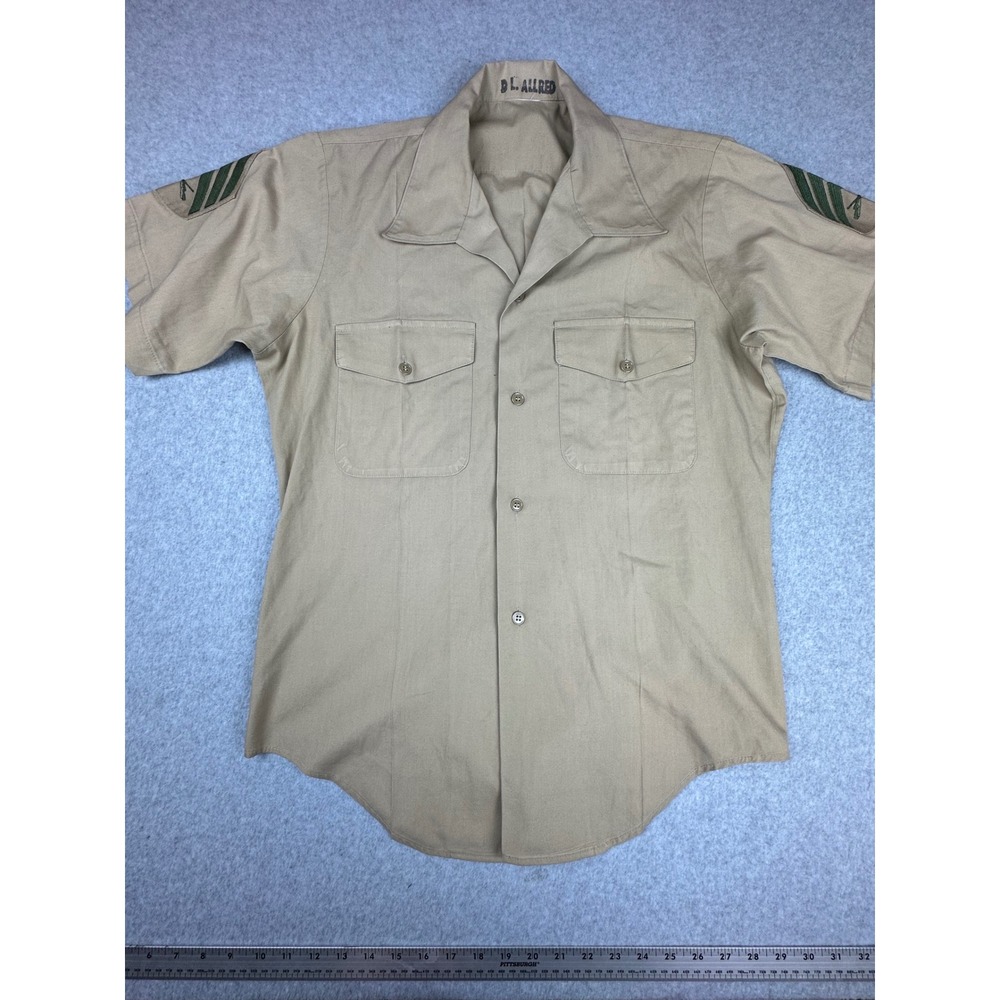 Vintage USMC Khaki Short Sleeve Button Down Shirt Sergeant Patches Tan Mens L